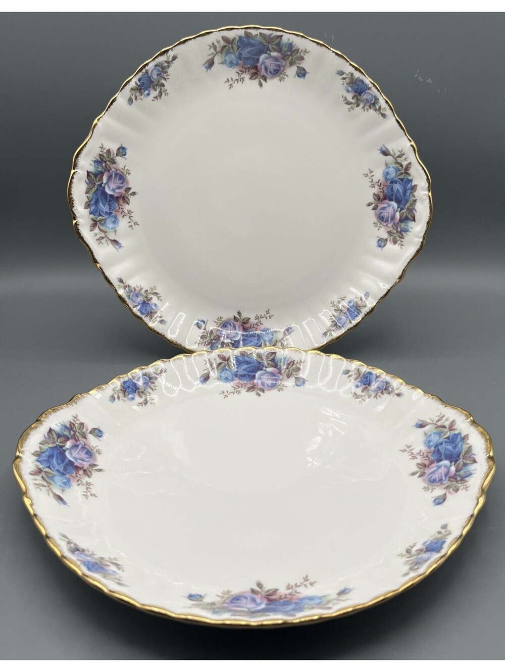 Royal Albert Moonlight Rose China Set 2 Tab Handle Cake Plates Blue Roses Gold